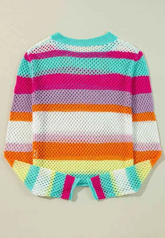 Openwork Contrast Striped Round Neck Knit Top