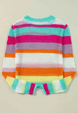 Openwork Contrast Striped Round Neck Knit Top