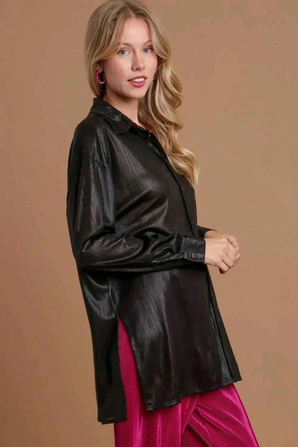 Umgee Side Slit Button Up Long Sleeve Shirt