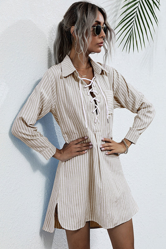 Perfee Lace Up Collar Shirt Dress