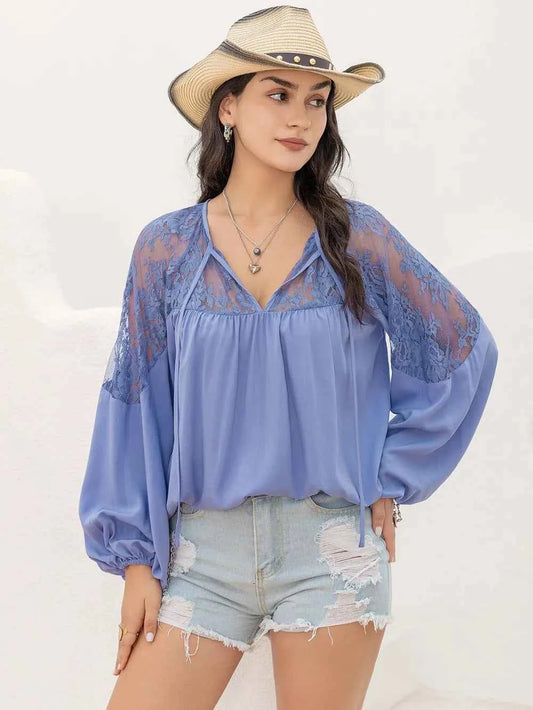 Lace Detail Tie Neck Balloon Sleeve Blouse