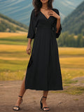 Perfee Slit V-Neck Long Sleeve Midi Dress