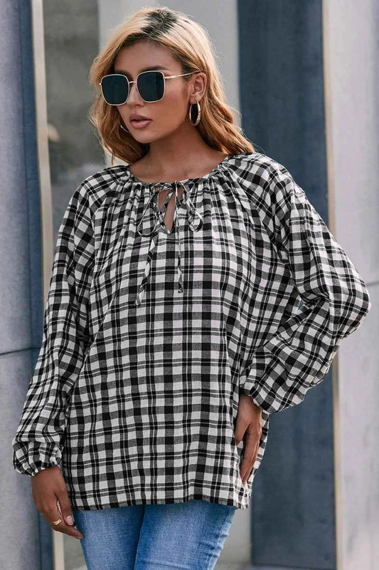 Ivy Lane Plaid Tie Neck Balloon Sleeve Blouse