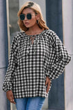 Ivy Lane Plaid Tie Neck Balloon Sleeve Blouse