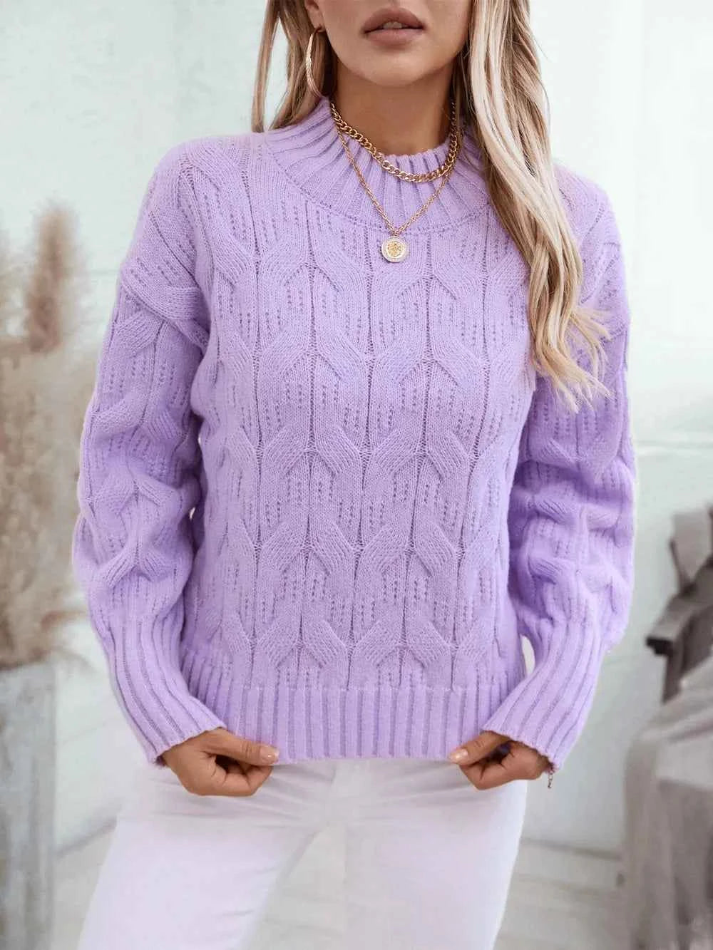 Cable Knit Mock Neck Long Sleeve Sweater