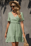 Shiny Smocked Waist Flounce Sleeve Ruffle Hem Dress