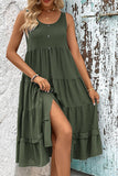 Perfee Decorative Button Scoop Neck Tiered Sleeveless Dress