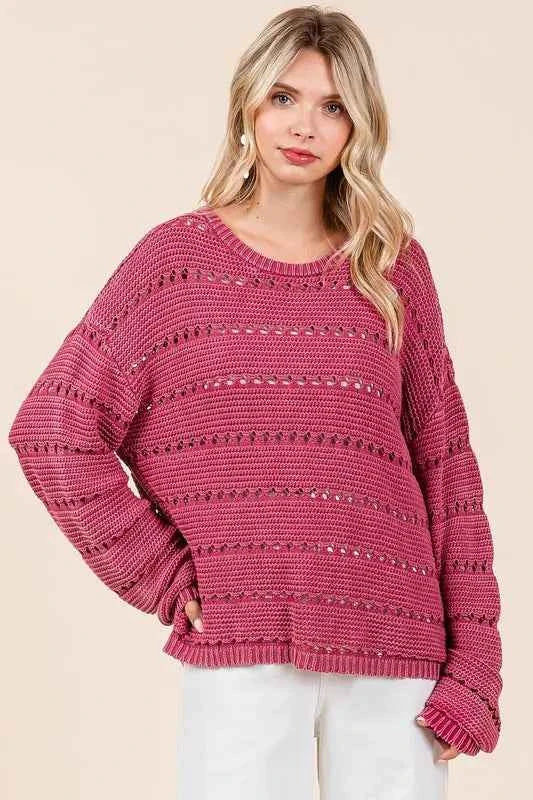 Mittoshop Openwork Round Neck Drop Shoulder Sweater