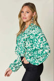 Double Take Full Size Printed Ruffle Trim Balloon Sleeve Shirt