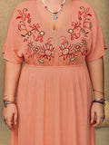 Plus Size Frill Embroidered V-Neck Half Sleeve Maxi Dress