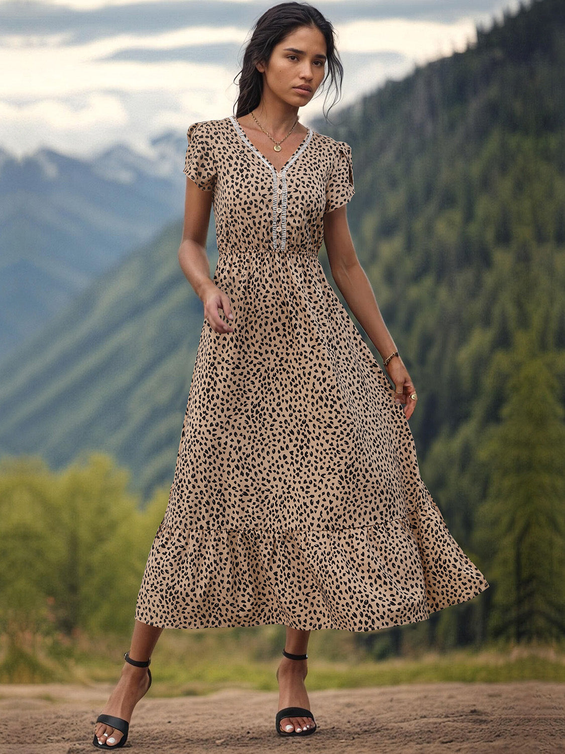 Perfee Slit Printed V-Neck Short Sleeve Dress