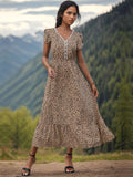 Perfee Slit Printed V-Neck Short Sleeve Dress