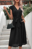 Perfee Tie Belt V-Neck Pleated Dress