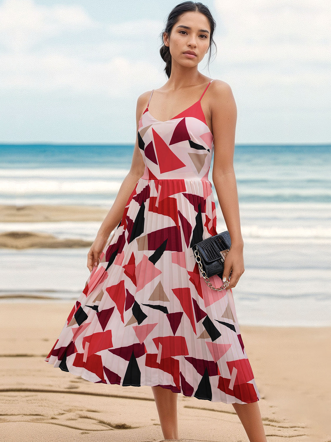 Perfee Pleated Geometric Spaghetti Strap Dress