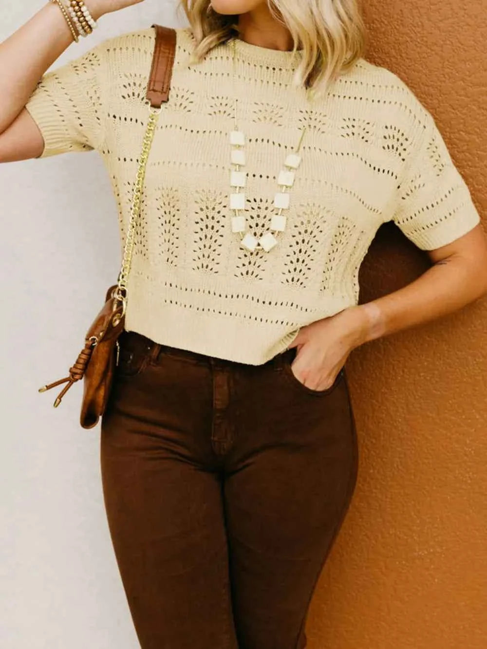 Openwork Round Neck Short Sleeve Sweater