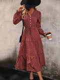 Perfee Printed Tiered V-Neck Buttoned Midi Dress