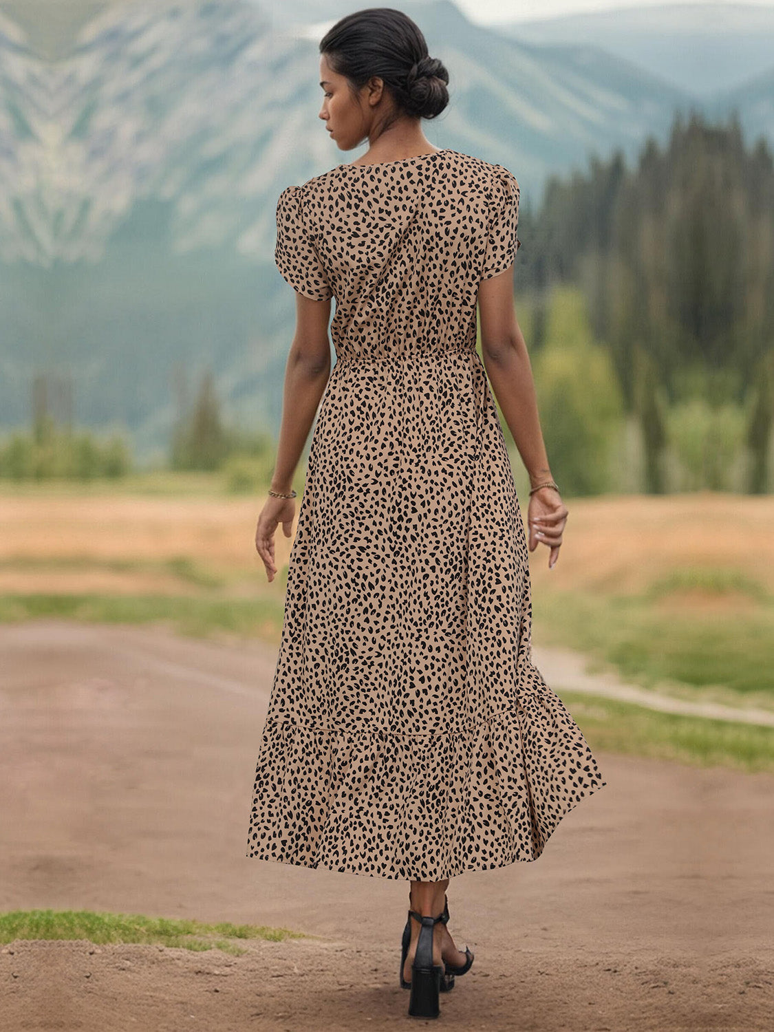 Perfee Slit Printed V-Neck Short Sleeve Dress