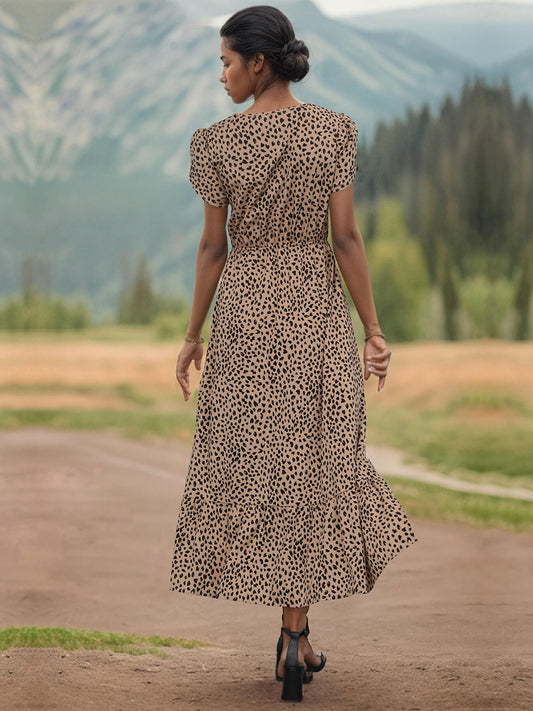 Perfee Slit Printed V-Neck Short Sleeve Dress