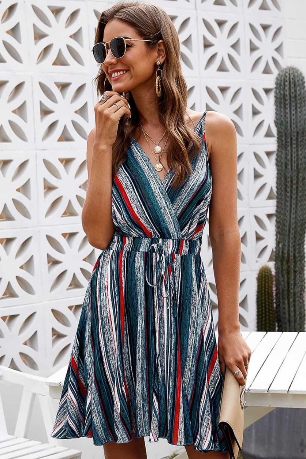 Ivy Lane Striped Surplice Neck Spaghetti Strap Dress