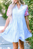 Embroidered Striped Notched Short Sleeve Dress