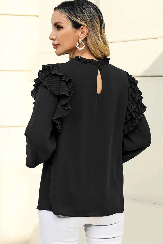Ruffled Round Neck Long Sleeve Blouse