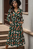 Perfee Printed Tied Pocketed Lantern Sleeve Dress