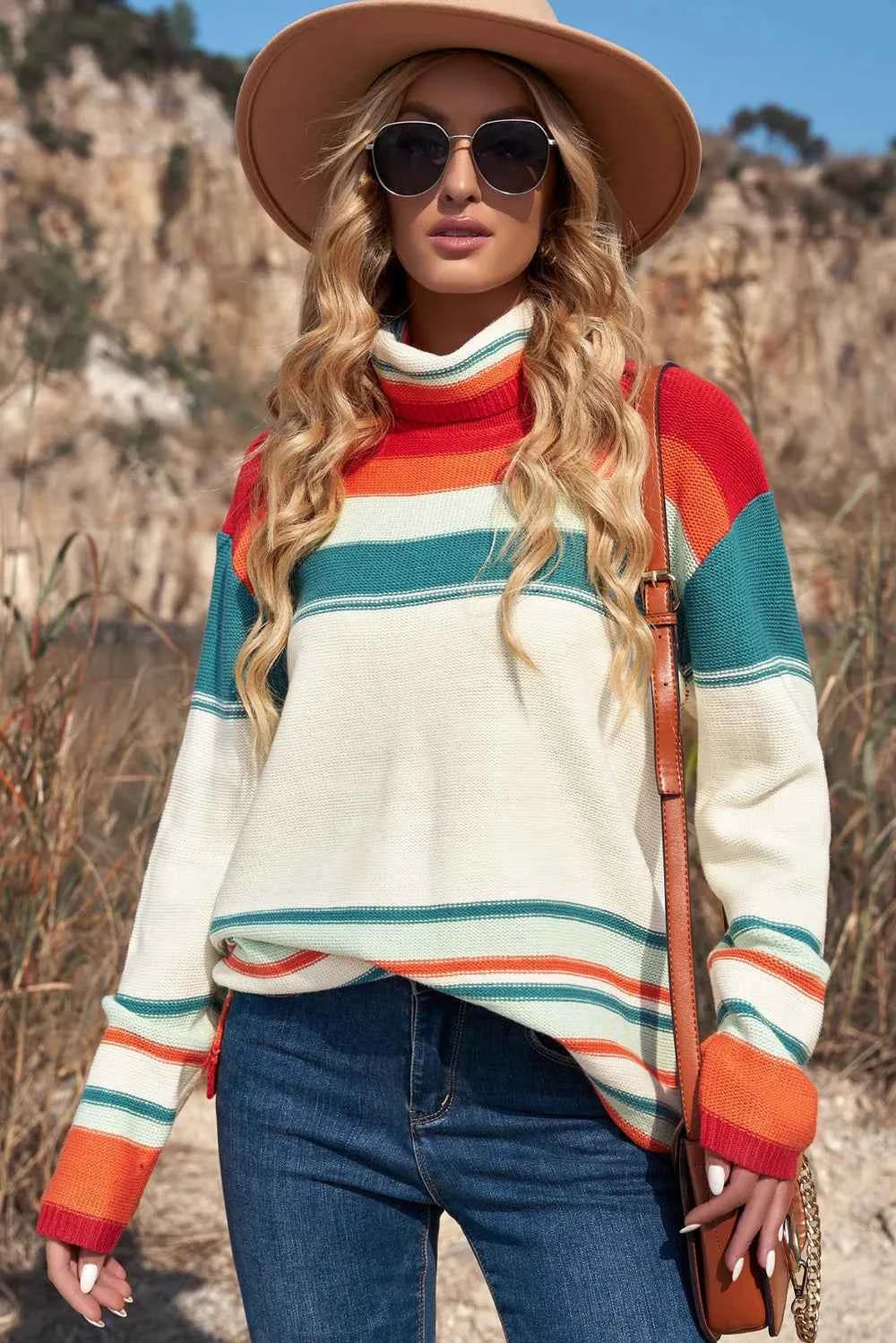 Contrast Striped Turtleneck Dropped Shoulder Sweater