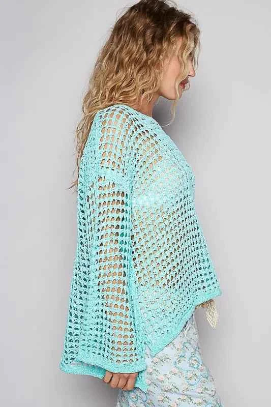 POL Side Slit Openwork Long Sleeve Knit Cover Up