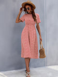 Honey Printed Round Neck Short Sleeve Midi Dress