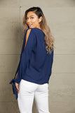 Perfee V-Neck Tie Cuff Slit Blouse