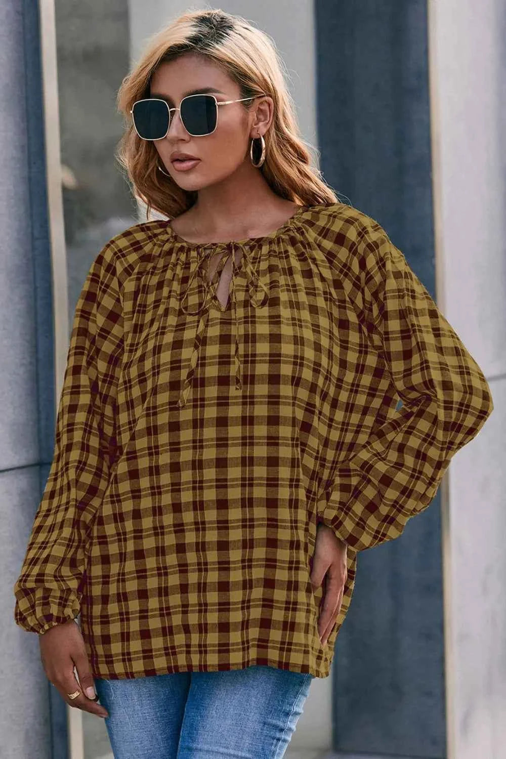 Ivy Lane Plaid Tie Neck Balloon Sleeve Blouse