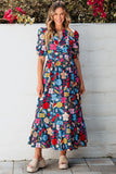 Printed Notched Puff Sleeve Midi Dress