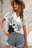 Shiny Floral Graphic Scalloped V-Neck Top