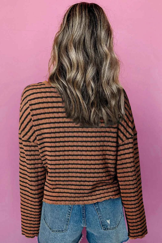 Striped Half Button Long Sleeve Blouse