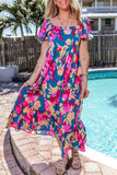 Printed Square Neck Short Sleeve Midi Dress