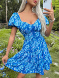 Perfee Tied Smocked Printed Short Sleeve Dress
