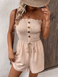 Perfee Decorative Button Smocked Strapless Romper