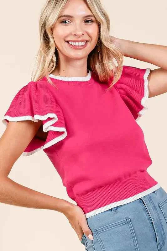 Mittoshop Contrast Trim Ruffled Cap Sleeve Knit Top