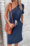 Perfee One-Shoulder Short Sleeve Knee-Length Dress