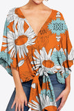 Shiny Printed Deep V Tie Hem Blouse