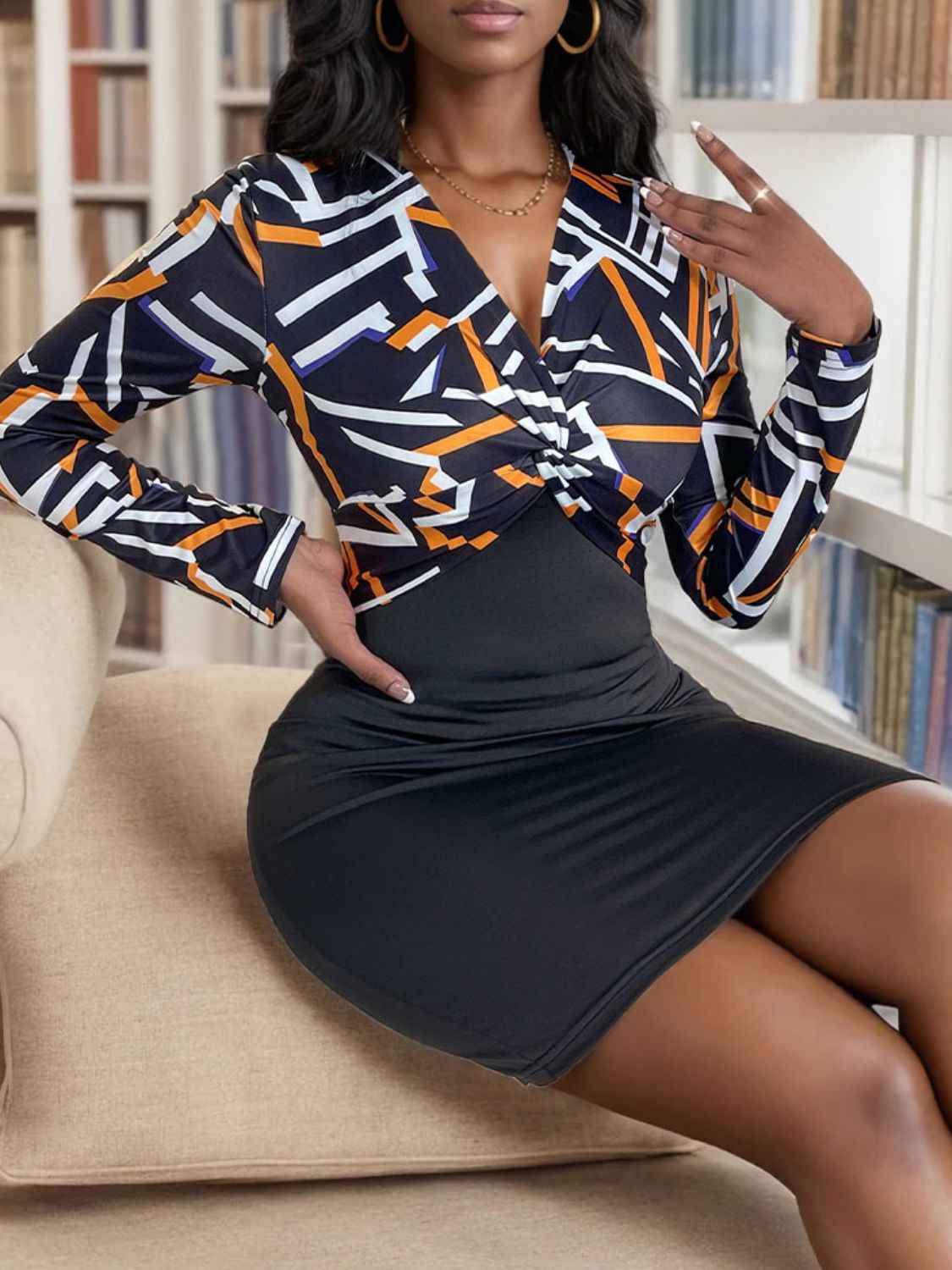 Perfee Twisted Printed Long Sleeve Mini Dress