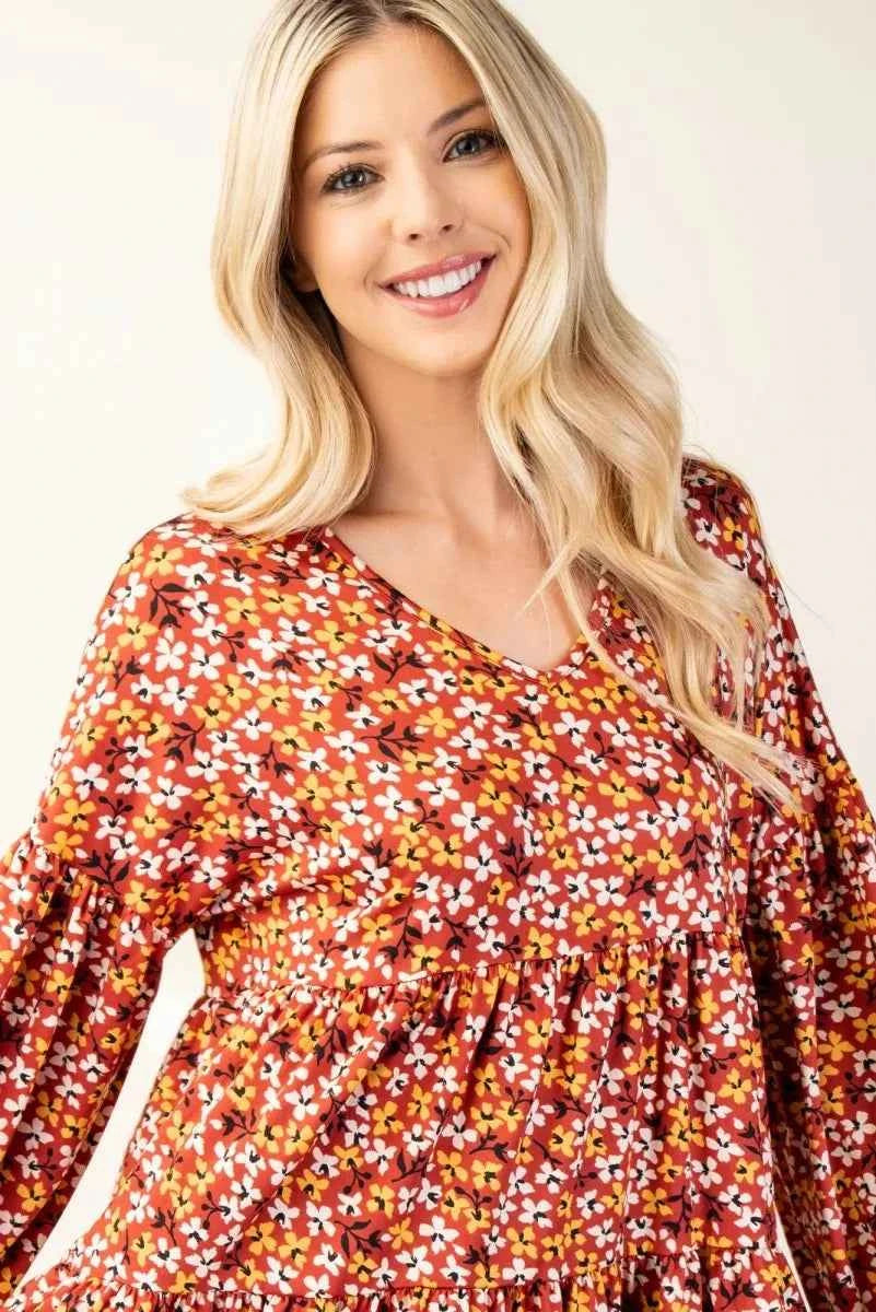 Celeste Full Size Floral V-Neck Balloon Sleeve Blouse