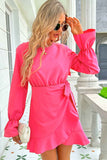 Shiny Round Neck Flounce Sleeve Ruffle Hem Mini Dress