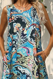 Shiny Printed Round Neck Sleeveless Dress with Pockets