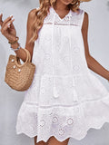Perfee Eyelet Tie Neck Sleeveless Mini Dress