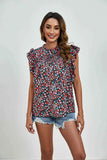 Ruffled Ditsy Floral Mock Neck Cap Sleeve Blouse