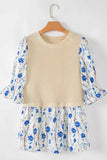 Waffle-Knit Printed Round Neck Flounce Sleeve Blouse