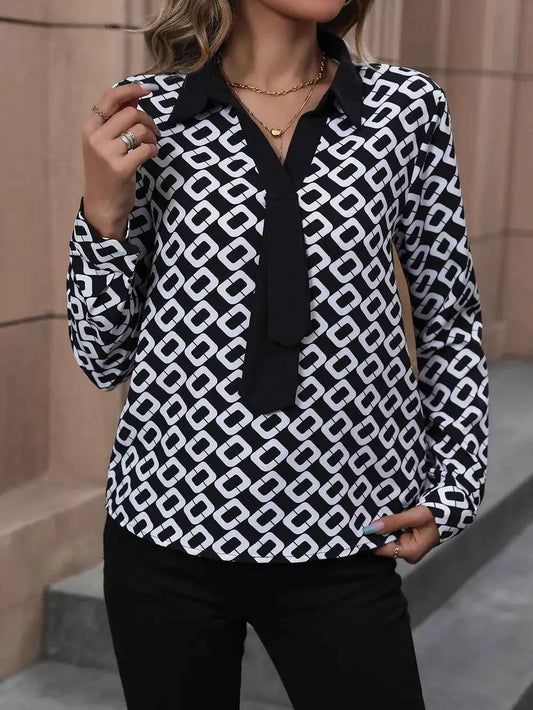 Perfee Printed Collared Neck Long Sleeve Shirt