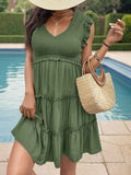 Perfee Frill Smocked V-Neck Tiered Dress