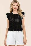 Mittoshop Openwork Contrast Trim Ruffled Cap Sleeve Knit Top